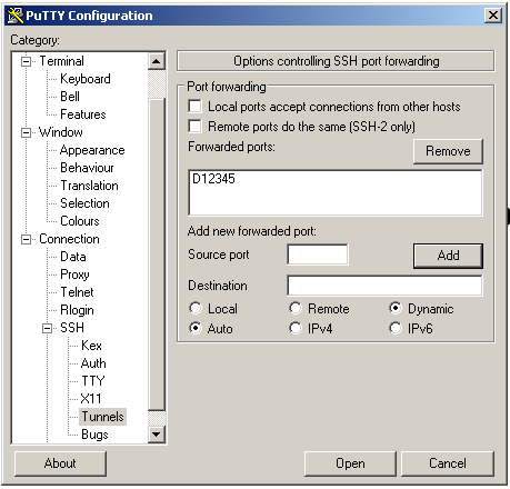 PuTTY - Options controlling port forwarding with forwarding configured.