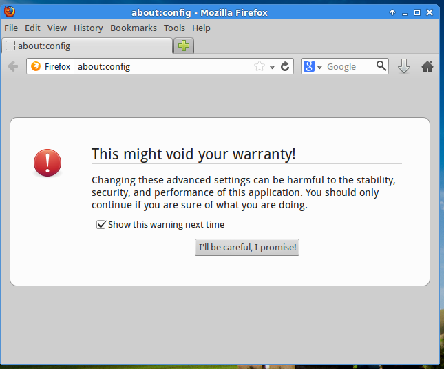 Firefox about:config warning message.